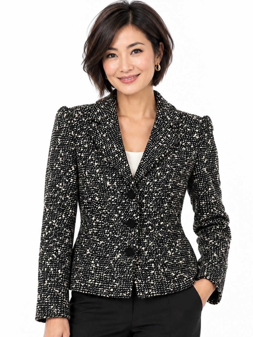 Vintage Newport News Tweed Blazer Size 4 Black Ivory Wool Blend Jacket